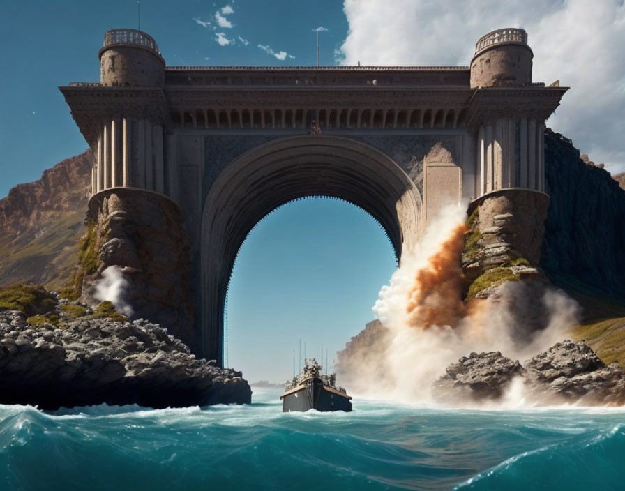 Massive stone arch bridge over rugged coastal landscape with sailing ship and smoke plumes