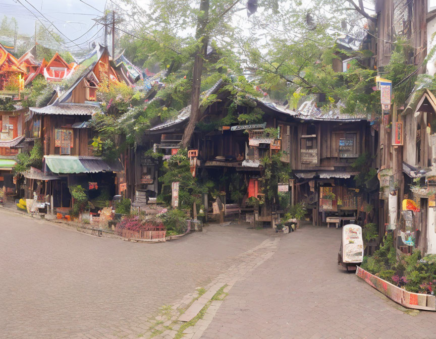 Traditional wooden architecture in misty village street with lush greenery