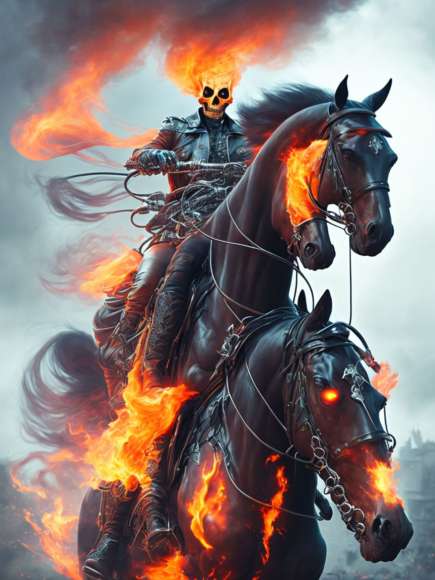 Flaming skull rider on black horse in smoky scene