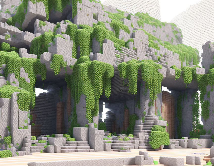 Fantasy Cave Entrance with Green Pixelated Vines and Light Dome