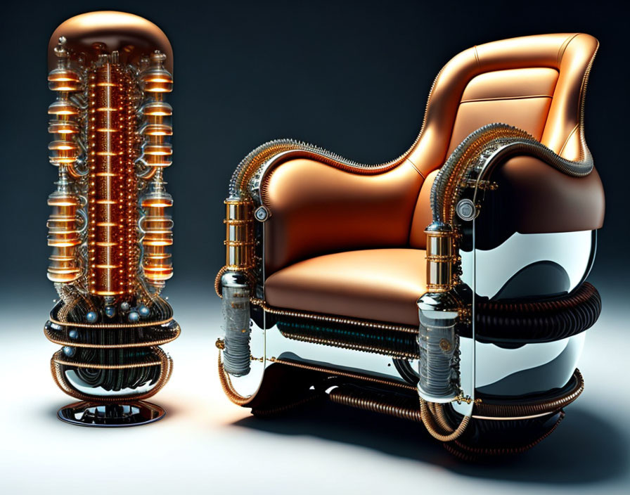 Futuristic leather armchair with steampunk-style machinery and glowing tubes on reflective surface