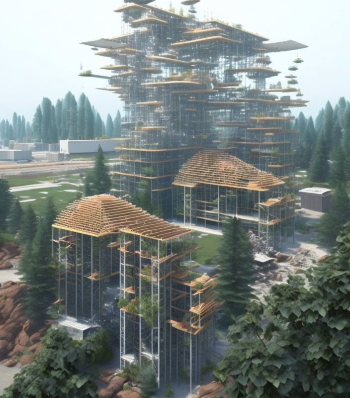 Futuristic bamboo scaffolding in forest setting