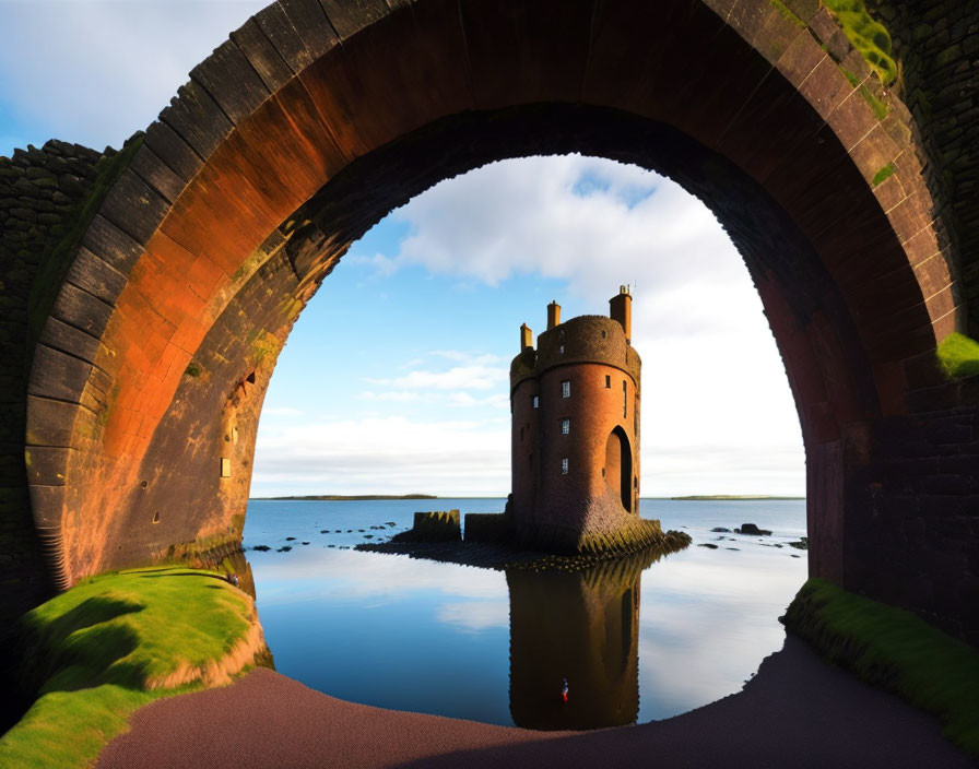 Castle tower reflected in calm waters with mossy arch and blue sky