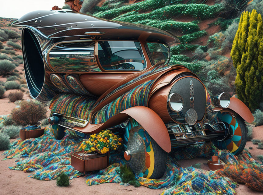 Futuristic copper car with intricate patterns in desert landscape