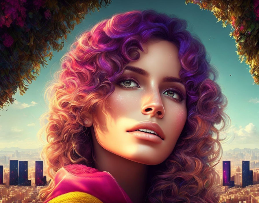 Vibrant purple-haired woman in pink-yellow hoodie against cityscape and floral vines