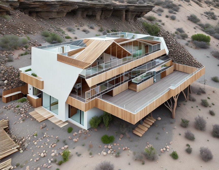 Contemporary multi-level house with white walls and wooden accents in desert setting