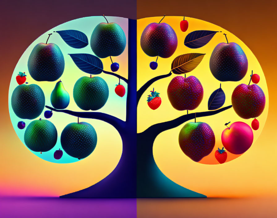 Vibrant split tree artwork with blue and warm-colored fruits on gradient background