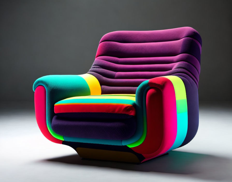 Multicolored Armchair with Layered Cushioning on Gray Background