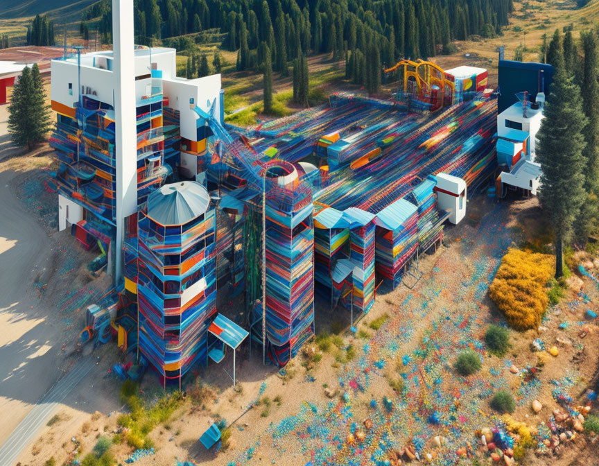 Colorful Striped Industrial Complex Amid Trees