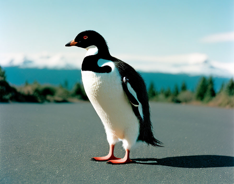 Solitary penguin on smooth surface with mountains and clear sky