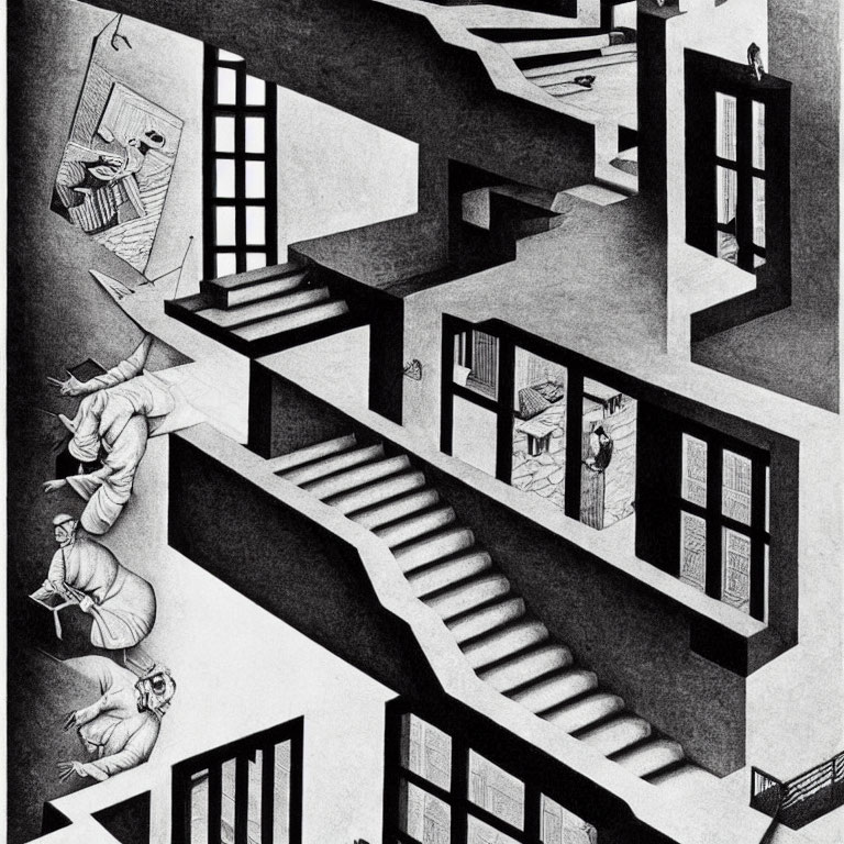 Surreal architectural illustration with staircases and gravity-defying figures