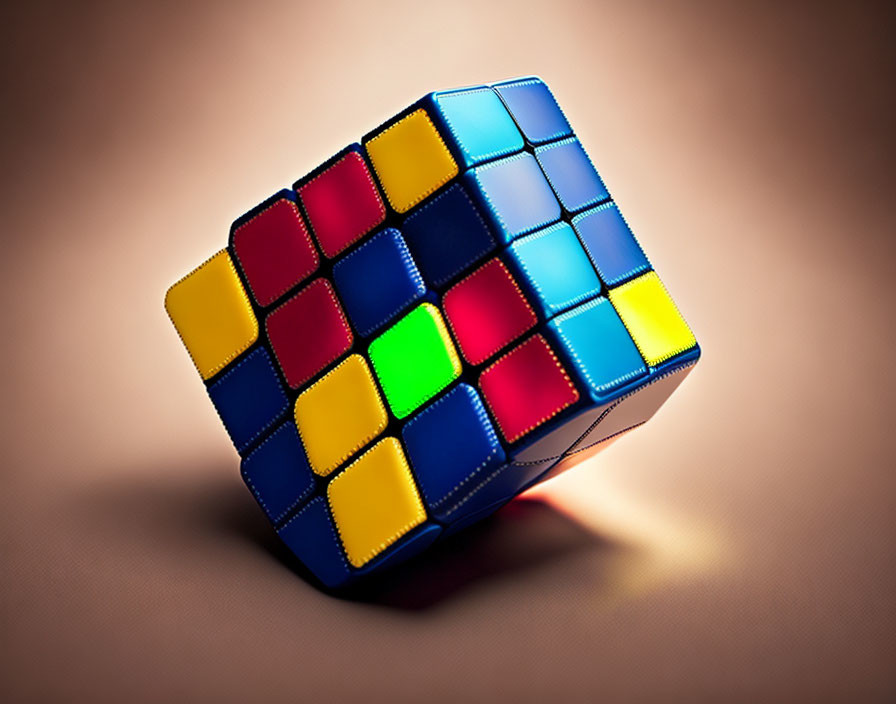 Colorful Scrambled Rubik's Cube on Soft Brown Background with Focused Light Shadow