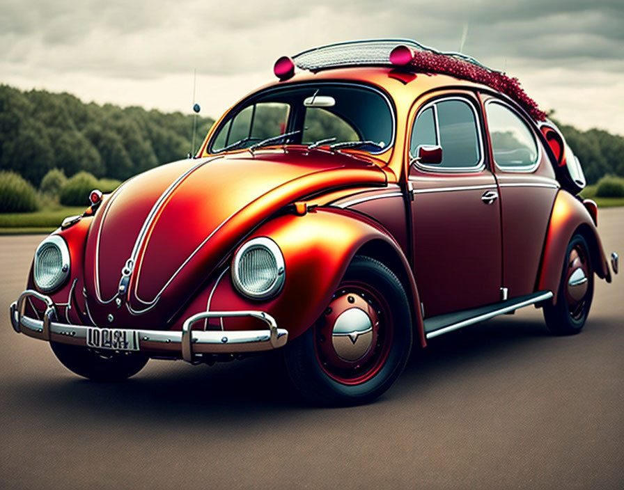 Vintage Red Volkswagen Beetle with Surfboard on Roof in Countryside Scene