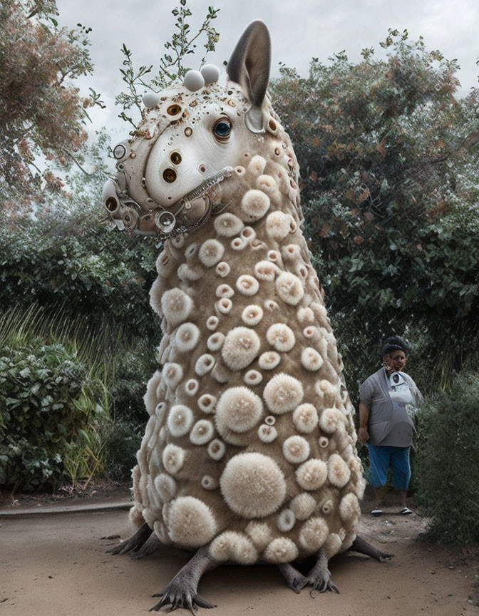 Surreal sheep-like creature with mushroom growths in garden scene