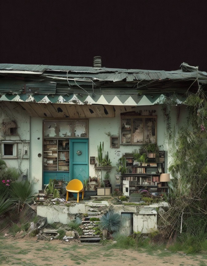 Abandoned house with blue door, overgrown plants, and decaying walls