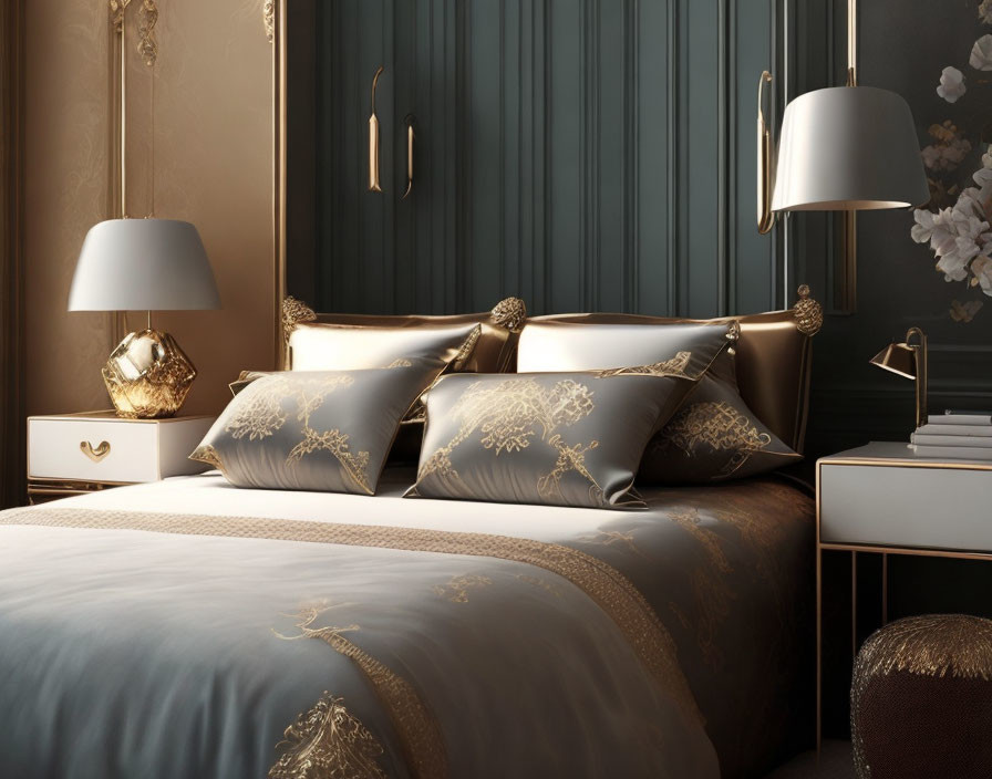 Luxurious Bedroom with Gold and Beige Bedding, White Lamps, and Teal Wall