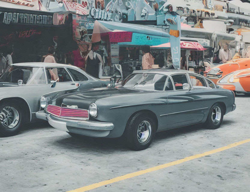 Classic cars at retro venue with graffiti and old signage.