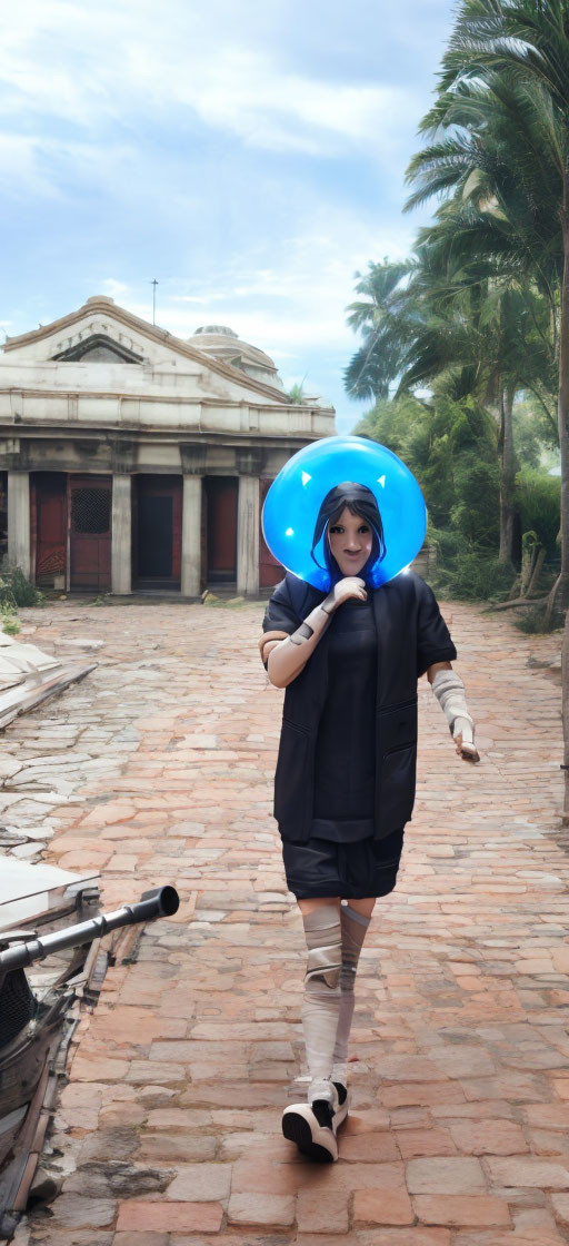 Cosplayer with Large Blue Headpiece on Brick Path with Palm Trees and Classical Building