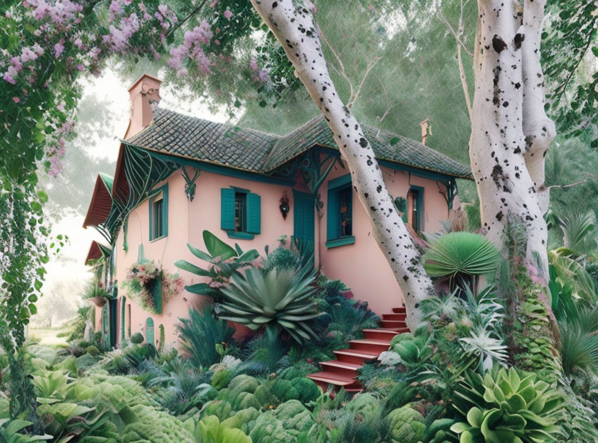 Pink House with Green Shutters & Red Staircase in Lush Setting