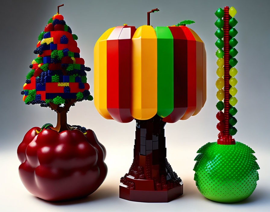 Colorful Building Block Fruit Art: Striped Apple, Green Sphere, Red Segmented Base