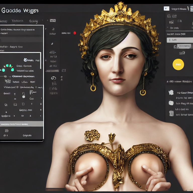 Digital art: Female figure with gold crown and jewelry in 3D software interface