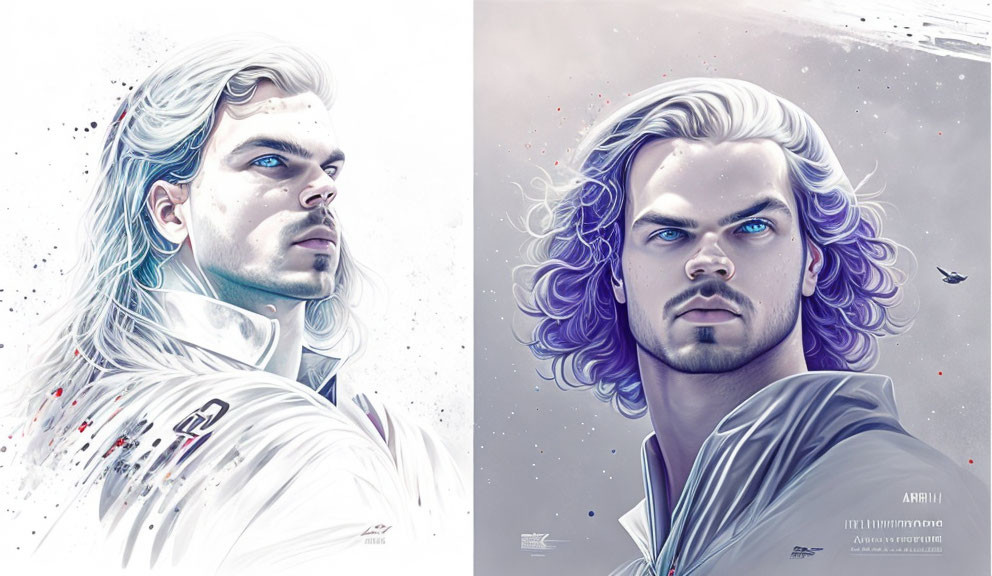 Split-style digital artwork: man with white and purple hair in two versions - white and blue/purple