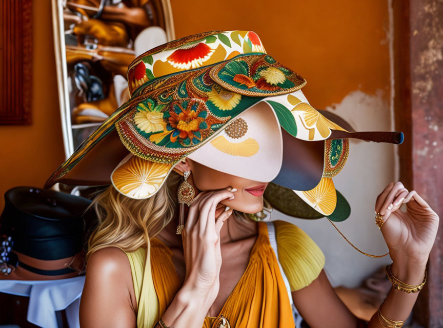 Woman in vibrant yellow dress with ornate sun hat indoors among hat collection