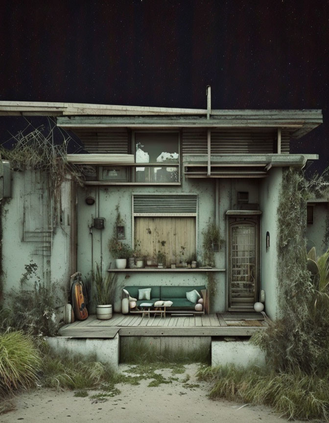 Desolate one-story building with overgrown plants and scattered objects at night