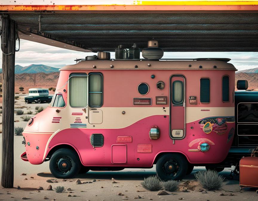 Pink vintage camper van in desert landscape with sparse vegetation and hills