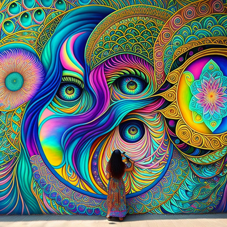 Child mesmerized by vibrant psychedelic mural