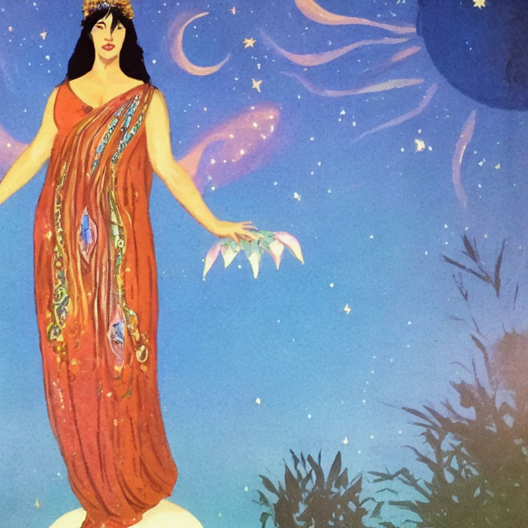 Illustrated woman in red dress with crystal in starry night scene