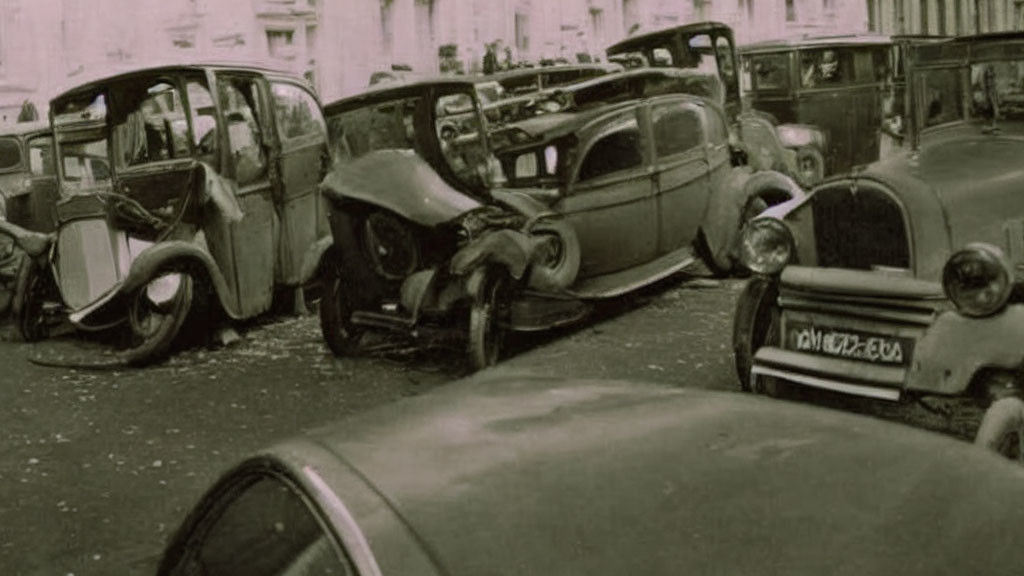 Chaotic vintage car pile-up on city street with visible wreckage