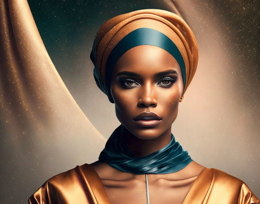 Striking makeup and gold teal headwrap on poised woman