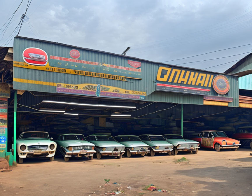 Vintage cars parked under corrugated metal roof in rustic tropical setting