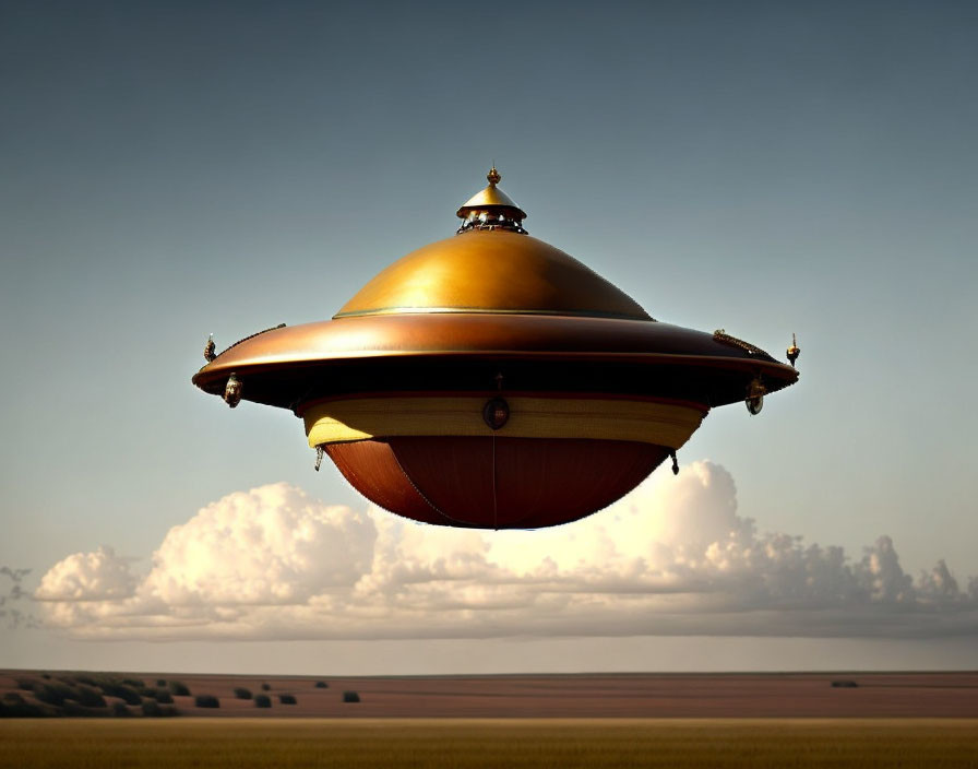 Bronze-colored UFO hovering over flat landscape with cloud-strewn sky