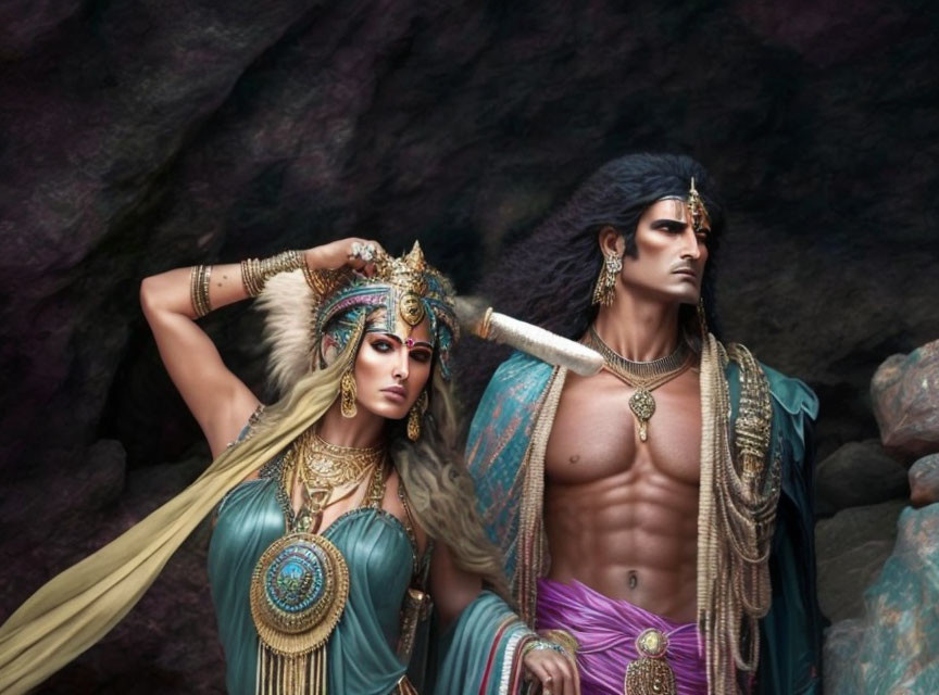 Man and woman in opulent ancient Indian attire with elaborate jewelry against cavernous backdrop