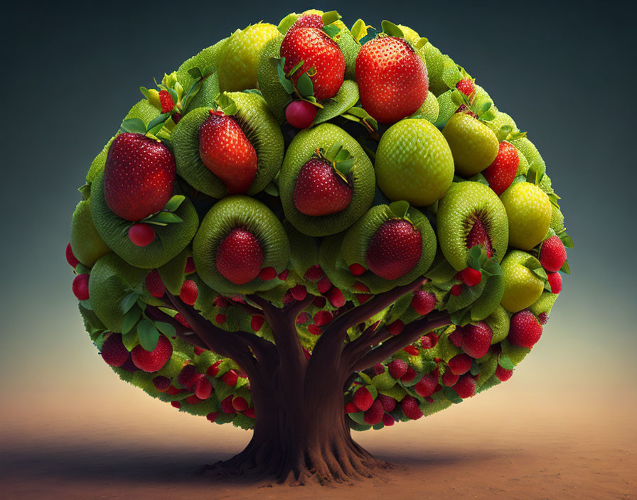 Whimsical tree with green apples and red strawberries on warm backdrop