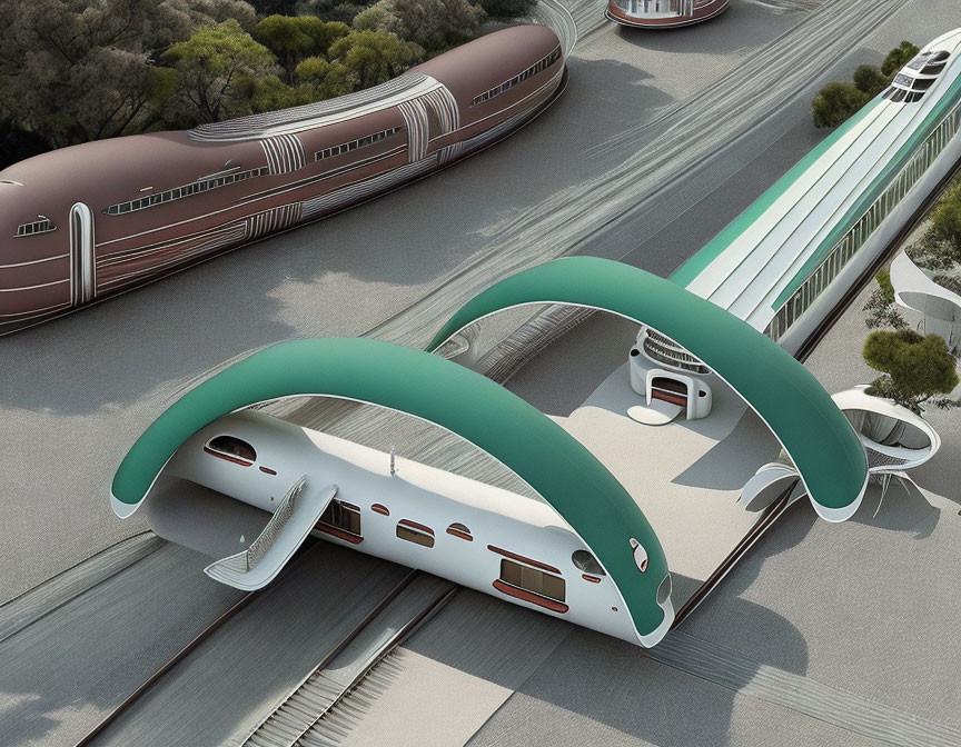 Modern train station with futuristic trains and organic canopy structure in green landscape