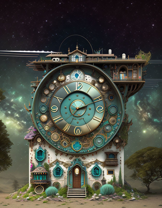 Whimsical clock tower house with balconies, gears, and astrological symbols against starry night