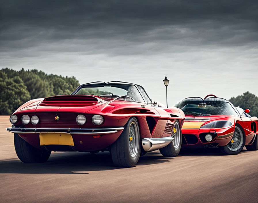 Two vintage sports cars: red and black, with round headlights and racing stripes.