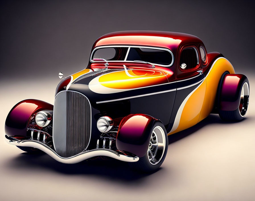 Vintage Car with Flames, Large Wheels, and Chrome Accents