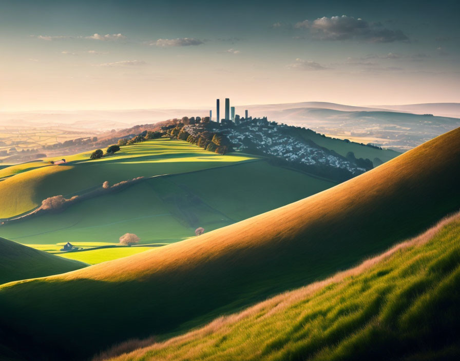 Landscape painting: Rolling green hills, distant towers.