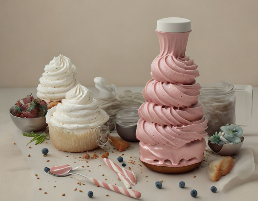 Still life with pink & white meringue tower, cupcake, blueberries & utensils