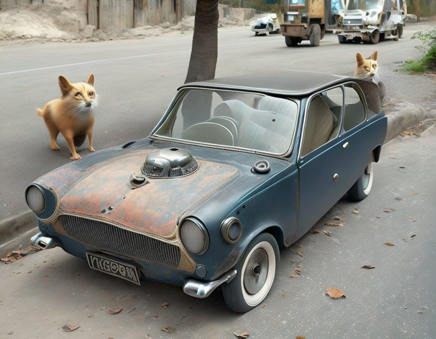 Two foxes near vintage car on street - one on roof, one standing nearby