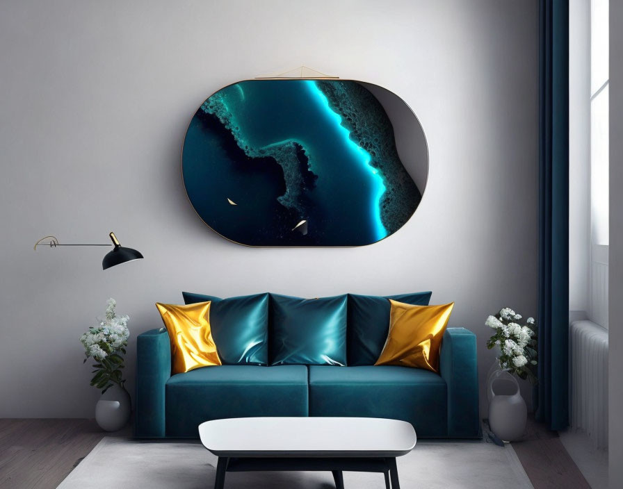 Dark Teal Sofa, Gold Pillows, White Table, Abstract Oceanic Art in Modern Living Room