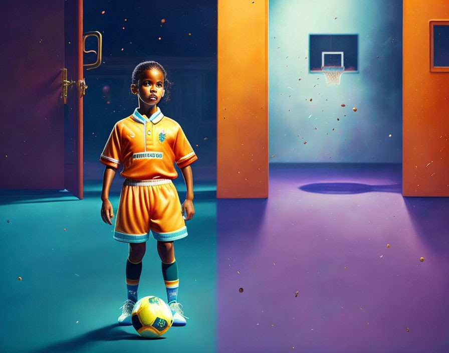 Young child in soccer uniform with ball in colorful room