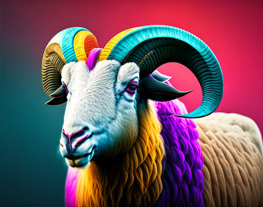 Colorful digital artwork: Ram with vibrant wool and horns on gradient background