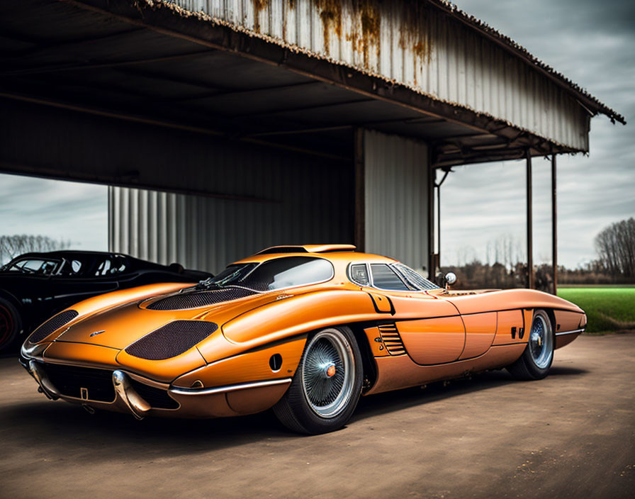 Vintage Orange Sports Car with Wire Wheels Under Metal Shed