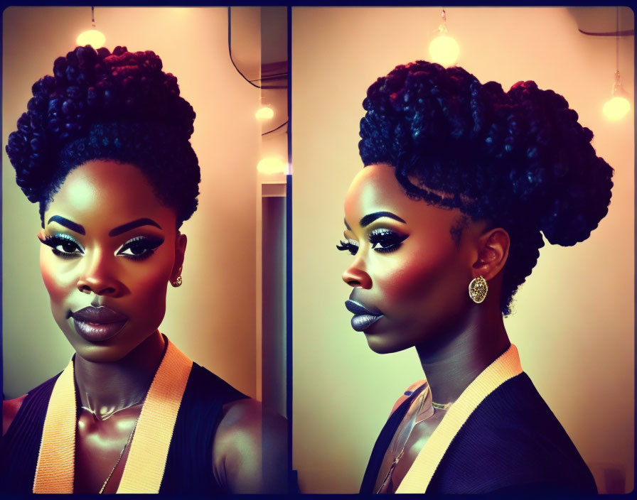 Elegant updo hairstyle and striking makeup in dual portraits