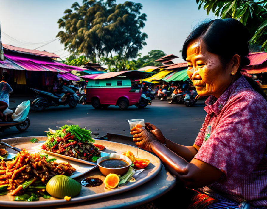 Woman dining at lively street market with colorful umbrellas and red food truck